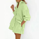 Purpdrank  Trendy Cotton Jacquard Striped Long-sleeved Shirt Lapel Shorts Two-piece Set Women Outfit Shorts Sets Beach Vacation Casual Suit