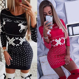 Purpdrank  Women's Clothing Autumn Christmas Printed Tight Hip-hugging Dress Long-sleeved Slimming T-shirt Short Skirt