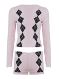 Purpdrank  Fashion Argyle Print Matching Set Women's Zip-up Front V-Neck Long Sleeve T Shirt&Shorts 2 Piece Outfit Casual Lounge Wear