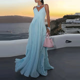 Purpdrank   Summer New Women Commute Robes Luxury V-neck Sleeveless Halter Evening Dress Elegant Pure Color High Waist Ruffles