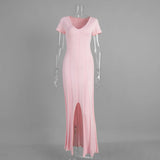 Purpdrank   Summer Women's Elegant Knit Maxi Dress Short Sleeve V-Neck Ribbed Side Slit Bodycon Long Dress Casual Party Evening Dress