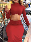 Purpdrank  Women Long Sleeve Knit Crop Top Slim Fitted Bodycon Long Skirt Set Clubwear Outfit