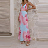 Purpdrank  Summer Backless Women's Commute Maxi Dress Fashion V-neck Floral Printed Halter Dress Sexy Sleeveless Fit Pleated Vacation Dress