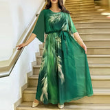 Purpdrank  Elegant Pattern Print Bow Lace-Up Party Dress Casual O-neck Half Sleeve Holiday Dress Women Fashion Hight Waist Long Dress