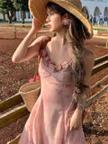 Purpdrank  Casual Light Pink Printed Sleeveless Dress Beach Fashion Y2K Vintage Chic Summer French Retro Elegant Chiffon Midi Dress Women