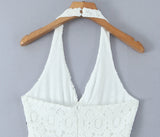 Purpdrank  White Embroidery Hollow Out Hole Lace Halter V Collar Backless Mini Dress Women Ribbon Bow Waist A-lined Short Dresses Robe