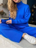 2 Pieces Blue Women Sets Knitted Tracksuit Turtleneck Sweater and Straight Jogging Pants Suits