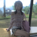Purpdrank  Japanese Y2K Off Shoulder T Shirt with Scarf Trashy 2000S Style Rainbow Striped Tops Long Sleeve Vintage Harajuku 90S tees