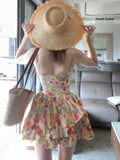 Purpdrank  Summer Floral Print Halter Dress Women's Beach Vacation Pure Desire Waist-Cinching Puffy Short Skirt Sexy Girl Style Midi Dress