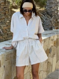 Purpdrank  Loose Striped Summer Women's Suit Lapel Single-breasted Shirt High Waist Pockets Mini Shorts Casual Commuting Lady Suit Summer