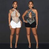 Purpdrank  Sexy Sparkly Rhinestones Mesh Rompers Womens Jumpsuit Shorts Club Outfits Halter Patchwork Sheer Cutout Bodycon Playsuit Woman