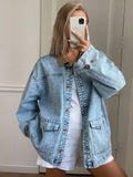 Purpdrank  Retro Denim Jacket Women's Autumn New Color Block Collar Jacket Loose Fit Long Sleeve Cotton Polyester Street Style Coat
