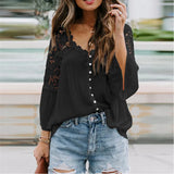 Purpdrank  Faionable Women's S2XL Blouse Lace irt Tops Summer Lady's Long Sve Cotton V-Ne Hollow out Splicing Bellsve
