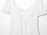 Purpdrank  Women White Bow V neck Spliced Lace High Waist Midi Dress Woman Retro French style Short Puff Sleeve Dresses Holiday Robe