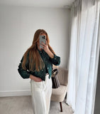 Purpdrank  Vintage Casual Glitter Green Round Collar Jacket Women Long Sleeve Zipper Pocket Loose Coat 2025 Autumn Fashion High Street Coat
