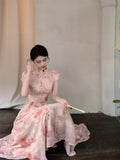 Purpdrank  Chinese Style Light Pink Cheongsam Dress Women Elegant Floral Print Party Dress Summer Short Sleeve Stand Collar A Line Chipao
