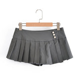 Purpdrank  Y2K Streetwear Solid Color Women Buttons Low Waist Pleated Skirt Folded A-line Saia Mini Skirt With Shorts Lining