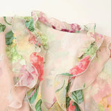 Purpdrank  Fashion Semi Sheer Floral Print Wood ears Ruffles V neck Pullover Shirt Women Full Flare Sleeve Loose Chiffon Blouses Tops