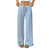 Purpdrank  Women's Fashion Casual Striped Elastic Waistband Drawstring Straight Leg Pants Classic Soft Daily Versatile Comfy Trousers