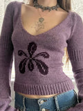 Purpdrank  Autumn Korean Casual All Match V Neck Long Sleeve Slim Flower Jacquard Knitted Pullover