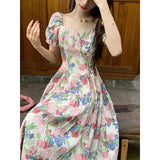 Purpdrank  Elegant Sweet Forest System Rural Style Slimming Floral Long Dress Retro Oil Painting Dress Women Summer A-Line Skirt Short