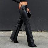 Purpdrank  Basic Solid Pu Leather Flare Pants Casual Slim Folds Low-Waisted Wide Leg Pants Women Autumn Spring Streetwear Office Lady