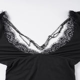 Purpdrank  Gothic Lace Trim Bodycon Dress Elegant Fashion Dark Slim-Fitting Solid Deep V-Neck Long Flare Sleeve Maxi Dresses Women