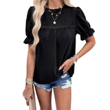 Purpdrank  Summer Women's T-shirt Lace Collar Female Short Sleeve Tops Solid Color Hollow Out Lady's Blouse Women's Bottoming Shirt