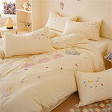 Purpdrank  Pink Bedding Sets Solid Color Washed Cotton Home Girls Bedroom Decor Duvet Cover Pillowcase Bedspread Embroidery Four Piece Set