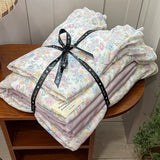 Purpdrank  French Floral Ruffles Princess Bedding Set Double Layer Yarn Pure Cotton Duvet Cover Set Pillowcases Flat/Fitted Bed Sheet 4Pcs