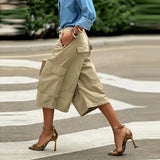 Purpdrank  Women's Solid Color Pockets Capris Pants High Waisted Wide Leg Loose Casual  Cropped Cargo Trousers Bottoms