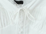 Purpdrank  Sexy Corset White Ruched Chest Spliced Lace V Collar Short Puff Sleeve Shirt Women Drawstring Tie Bow Center Buttons Crop Tops