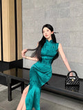 Purpdrank  Vintage Peacock Blue Green Sleeveless Dress Qipao New Chinese Style Printed Long Elegant Floral Print Cheongsam Slim Morden