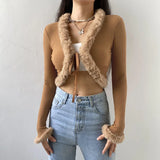 Purpdrank  Fashion Spring Fall Women Long Sleeve Lace Up Cardigan Outwear Faux Fur V-Neck Sexy Crop Top Shirt Casual Clothing