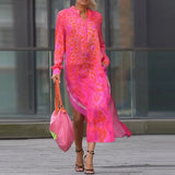 Purpdrank  Vintage Leopard Print Loose Long Dress Women Elegant V-neck Side Split Shirt Dress Fashion Button Long Sleeve Pocket Party Dress