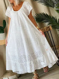 Purpdrank  Women's Casual White Swing Party Dresses YK2 Ladies Elegant O-neck Hollow Long Dress Vestidos Summer Loose Short Sleeve Dress