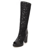 Purpdrank  Ladies Summer Boots Peep Toe Chunky Heels Lace Mesh Splice Big Size 33-43 Black Whiete Fashion Sexy S4036