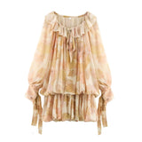 Purpdrank  Women's pleated printed short dress spring V-neck long sleeved Midi dress women's casual loose chic dress