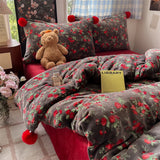 Purpdrank  Winter Velvet Single Queen King Size Bedding Set Cute Fur Ball Duvet Cover Floral Flat/Fitted Bed Sheet Pillowcases 3/4Pcs