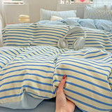 Purpdrank  INS Nordic Bedding Set - 4PC Green/Pink Striped Duvet Cover (Girls' Quilt Set, Queen/King Size Home Decor)