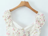 Purpdrank  Summer Puff Sleeve French Floral Printed Shirts Elastic Back Sexy Crop Tops Slim Short Top