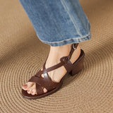 Purpdrank   Shoes Woman Summer Plus Size 34-42 Women's Cow Leather Narrow Band Cross Strap Hollow-out 6cm Thick Low Heel Casual Shoes