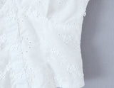 Purpdrank  Sweet White Embroidery Hollow Out Flower Cotton Lace V neck Short Puff Sleeve Shirt Women Zipper Elastic Back Slim Crop Tops