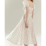 Purpdrank  Retro French Style Fruit Cherry Print Midi Long Dress Puff Sleeve Chest Ruched Bow Square Collar Hem Slit Swing Robe Fairy
