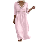 Purpdrank  Women's Casual Cotton Linen Dress Elegant Lace Trim Openwork V Neck Solid Color Loose Fit Summer Dress Boho Flowy Office Dresses