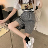 Purpdrank  Summer High-waisted Loose Plaid Shorts Women Casula Wide-leg Short Trousers with Belts Fashion All Match Streetwear Pants 2025