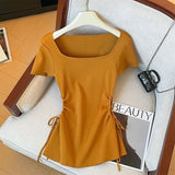 Purpdrank  Korean Pleated Square Collar T Shirt Women Summer New Fashion Drawstring Knitting Tops Korean Chic Slim Folds Female Tees