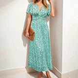 Purpdrank  Summer Women Floral Print Casual Long Dress Fashion V Neck Short Sleeve Elegant Office Female Beach Party Maxi Dresses Robe