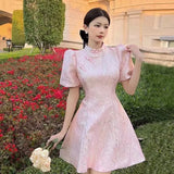 Purpdrank  Modern Young Girl Retro Summer Elegant Cheongsam Dress Women Bubble Sleeve Temperament Party Dresses Pink Fashion Qipao Vestidos