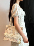 Purpdrank  Large Capacity Lace Edge Shoulder Versatile Portable Casual Women's Bag Spring Floral Tote Bags for Women